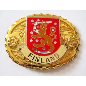 Coat of Arms of Finland Gold Tone  3.5" Oval Belt Buckle Fits up 1.75" Belt VGC
